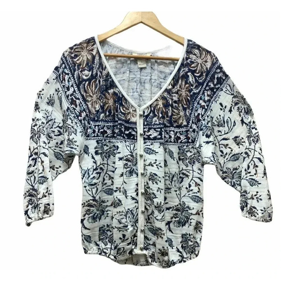 Lucky Brand Women’s Size S Small V Neck Floral Blouse Braided Trim Elastic Hem - Picture 1 of 9